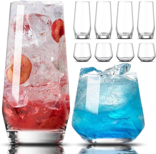 Highball and Stemless Wine Glasses, Set of 8