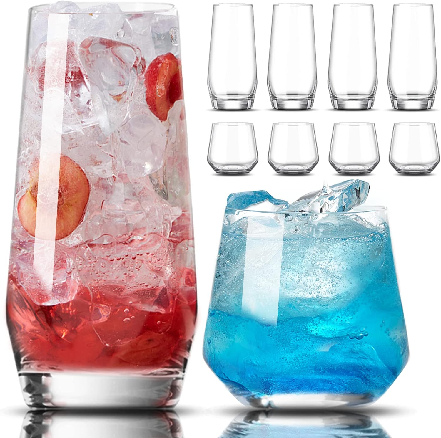 Highball and Stemless Wine Glasses, Set of 8