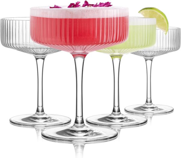Hand Blown Crystal Ribbed Martini Glasses, 4 Pcs
