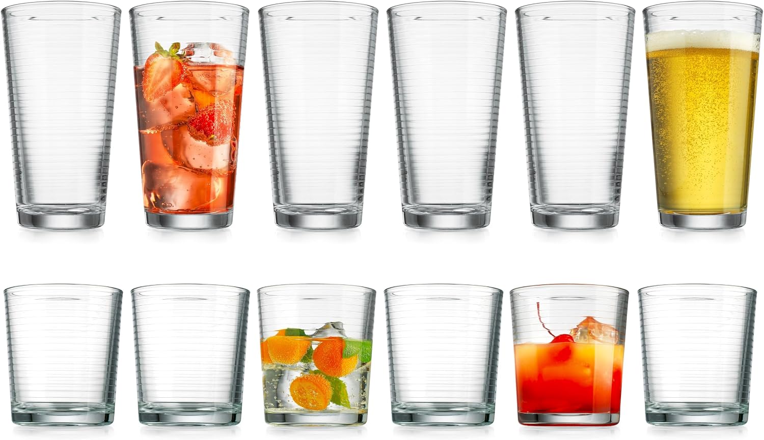 Mixed Ribbed Highball and Rocks Glasses, Set of 12