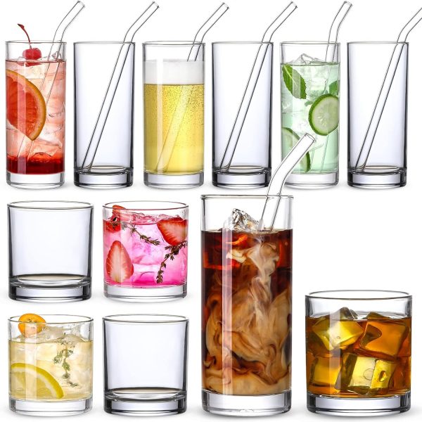 Highball and Rocks Glasses with Straws, Set of 12