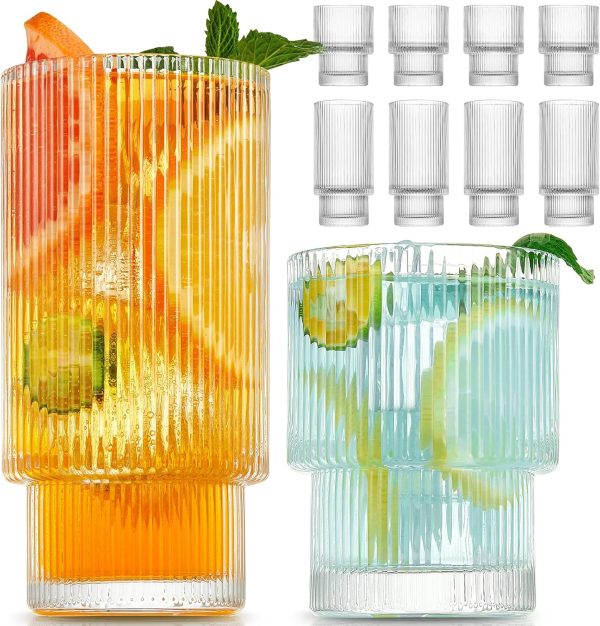 Small Ribbed Highball and Rocks Glasses, Set of 8