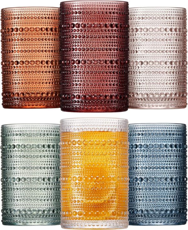 Colored Vintage Embossed Glass Tumblers, Set of 6
